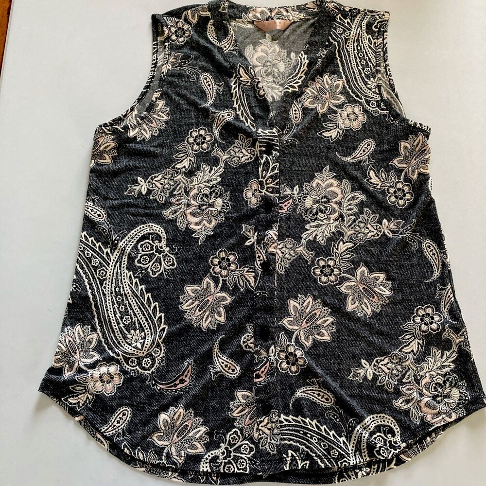 Amana Top Large Floral Paisley Navy Cream Button Front Sleeveless Good Condition